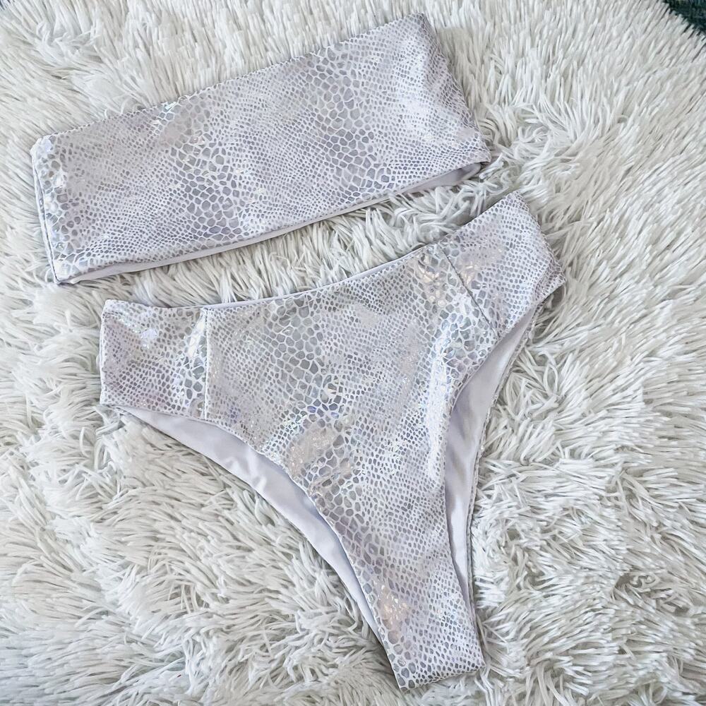 SHEIN • White + Silver Metallic Animal Print Scale High Cut Waist Bikini